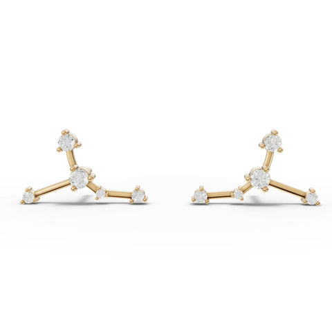 Cancer constellation lab-grown diamond earrings in 18K gold, featuring multiple round diamonds in precision prong settings.