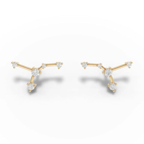 Cancer constellation earrings feature round lab-grown diamonds set in 18K gold, arranged to reflect the zodiac pattern.