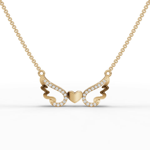 Heart-wing pendant in 18k gold, featuring a pavé-set heart and round lab-grown diamonds along elegant, sculpted wings.