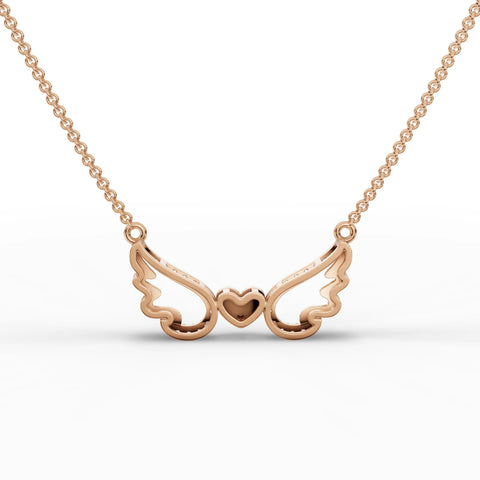 Delicate 18k gold pendant featuring a heart motif with sculpted wings, accented with round lab grown diamonds.