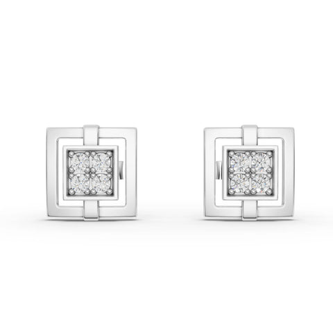 0.21 ct round lab diamond square stud earrings with four-stone cluster, double square frame, and screw back design