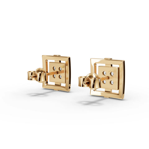 0.21 Ct Round Square Statement Lab Grown Diamond Studs in yellow gold, close-up