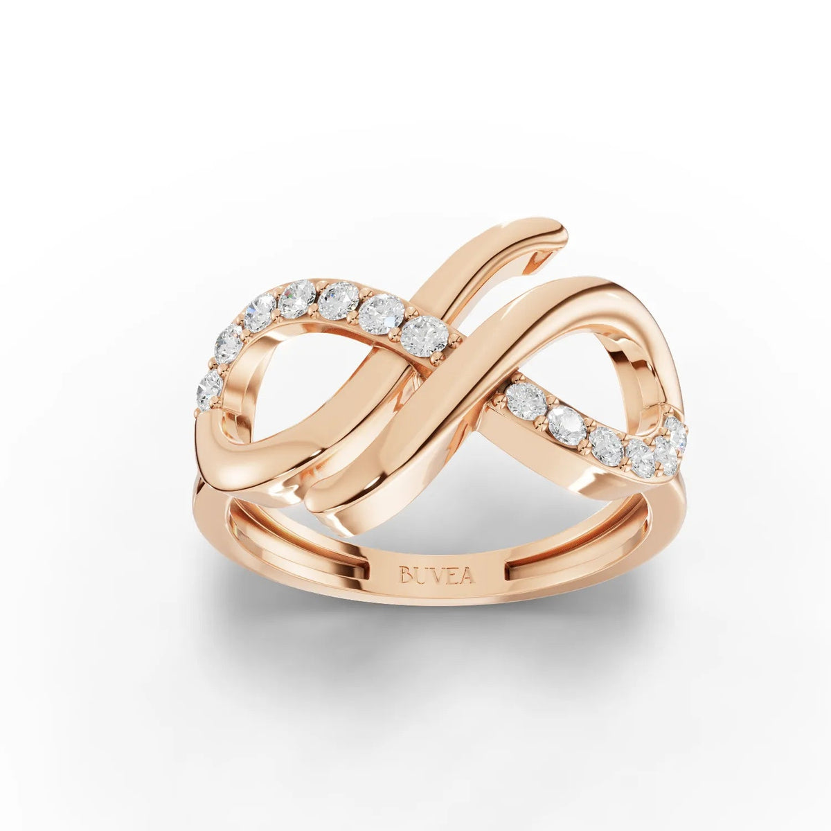 0.24 Ct Infinity Loop Pavé Lab Diamond Ring in rose gold featuring a figure-eight design with sparkling pavé-set diamonds.