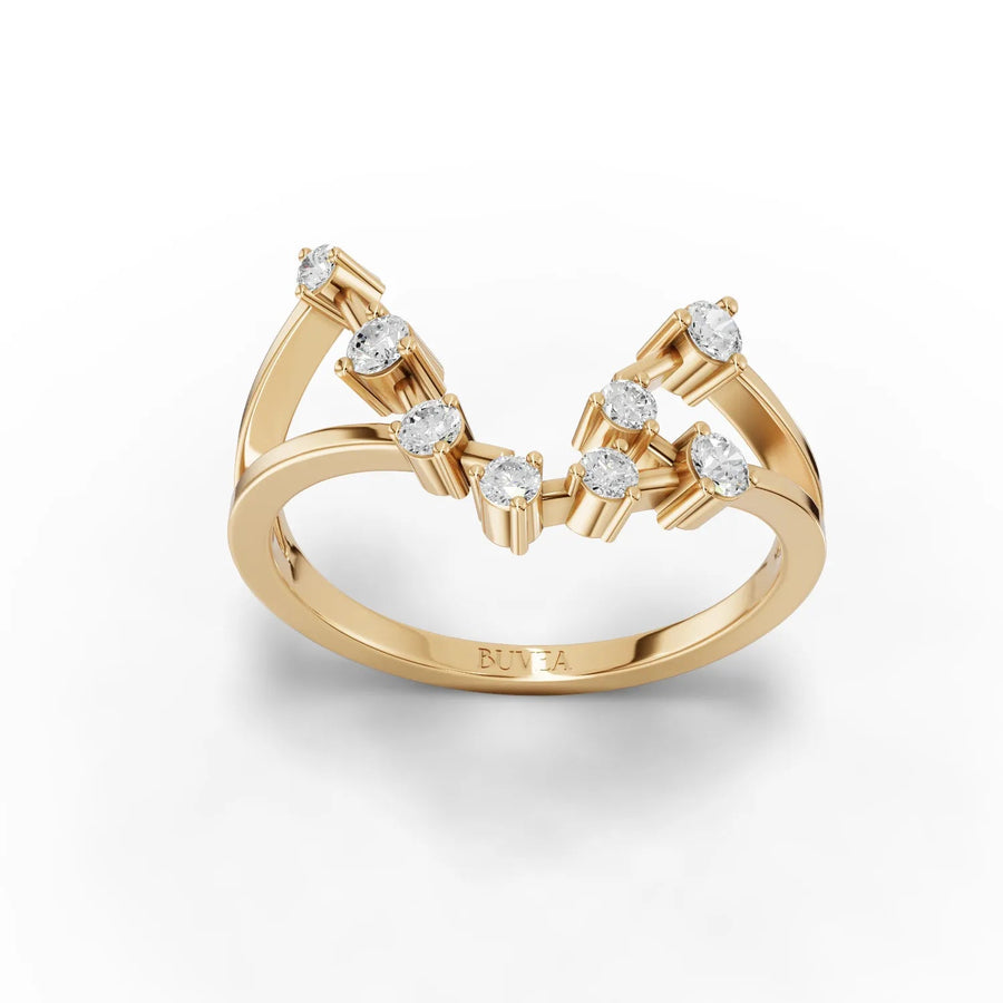 Aquarius Lab Diamond Ring in 18k gold, featuring an open design with round lab-grown diamonds arranged in a constellation pattern.