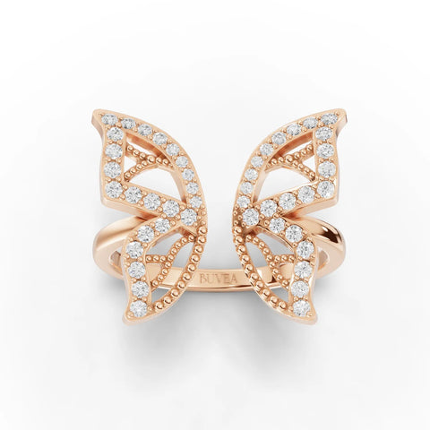 Butterfly motif ring in 18K rose gold, featuring round lab grown diamonds, open design, and smooth band.