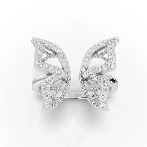 Butterfly motif ring in 18K gold, featuring round lab grown diamonds in micro-prong settings for a delicate, airy look.