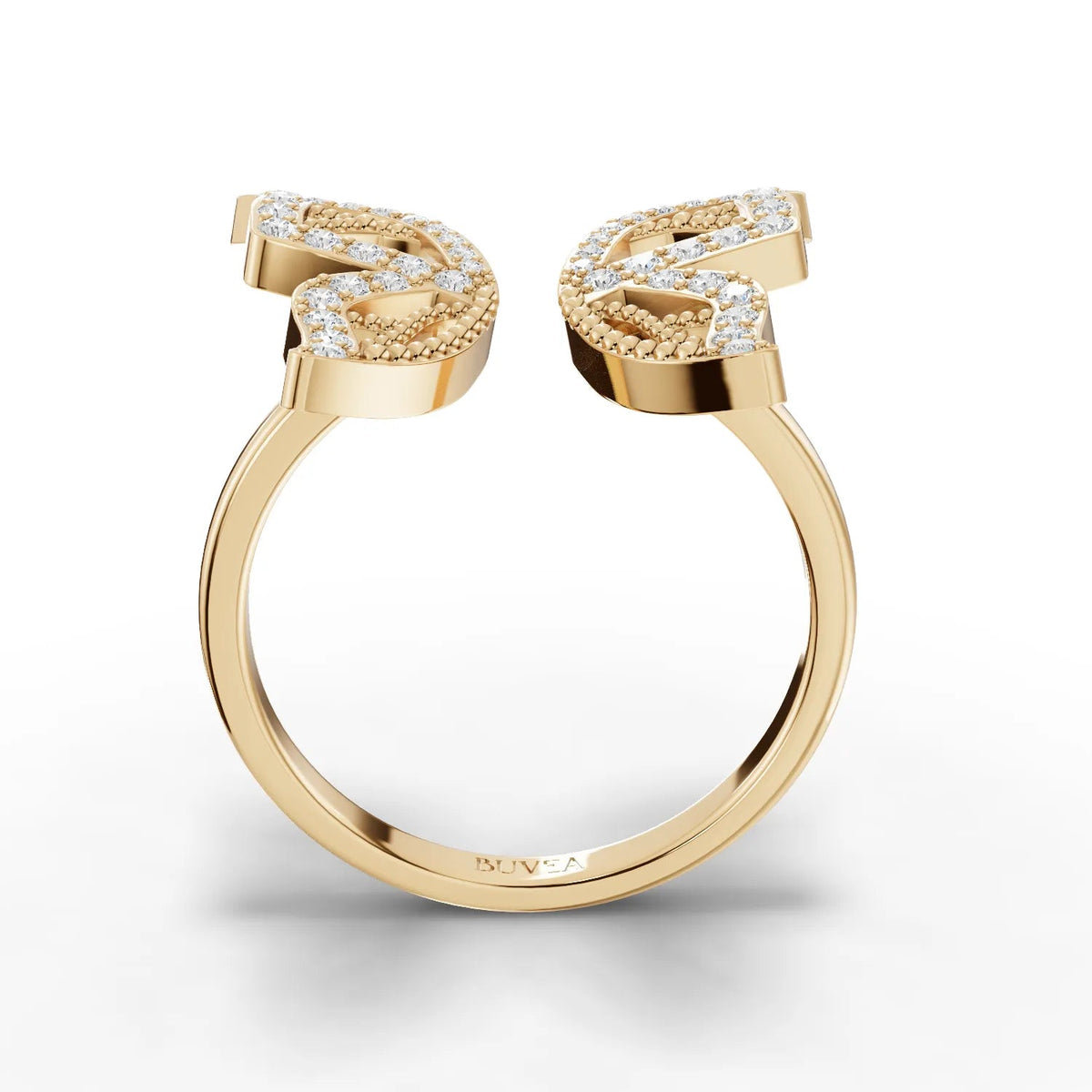 Open ring in 18K gold featuring a butterfly motif with round lab grown diamonds in micro-prong settings.