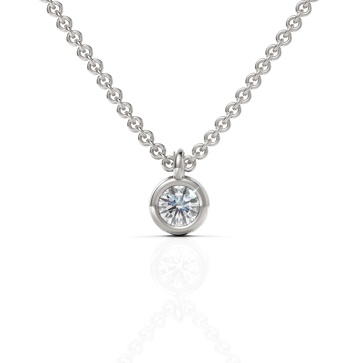 0.25 ct round bezel solitaire lab grown diamond pendant necklace in gold with a polished bezel setting