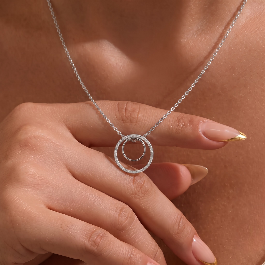 0.27 CT Double Circle Pavé Lab Grown Diamond Pendant Necklace, worn on the neck 2