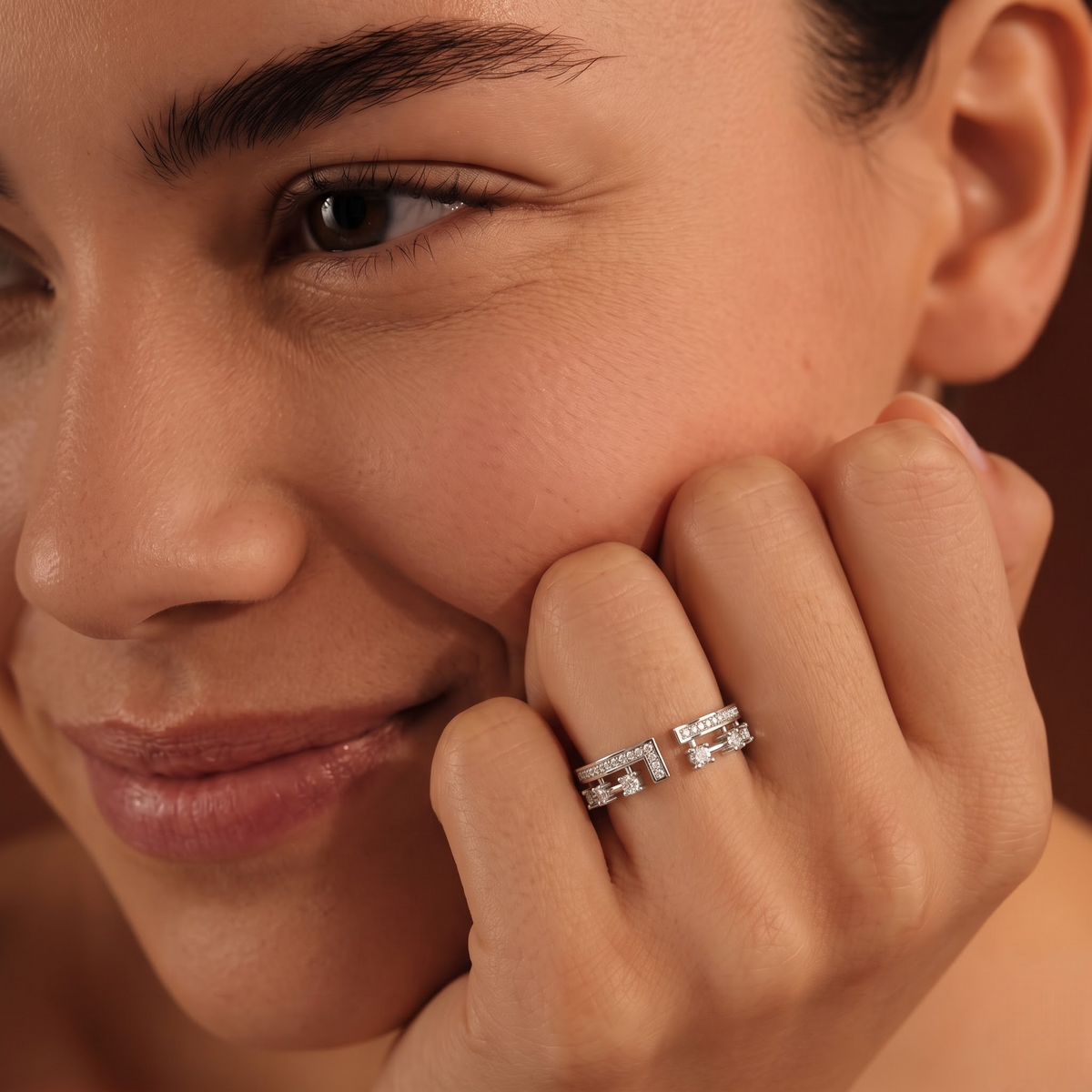 0.27 CT Open Cuff Lab Grown Diamond Statement Ring with Pavé Band, worn on the hand 2