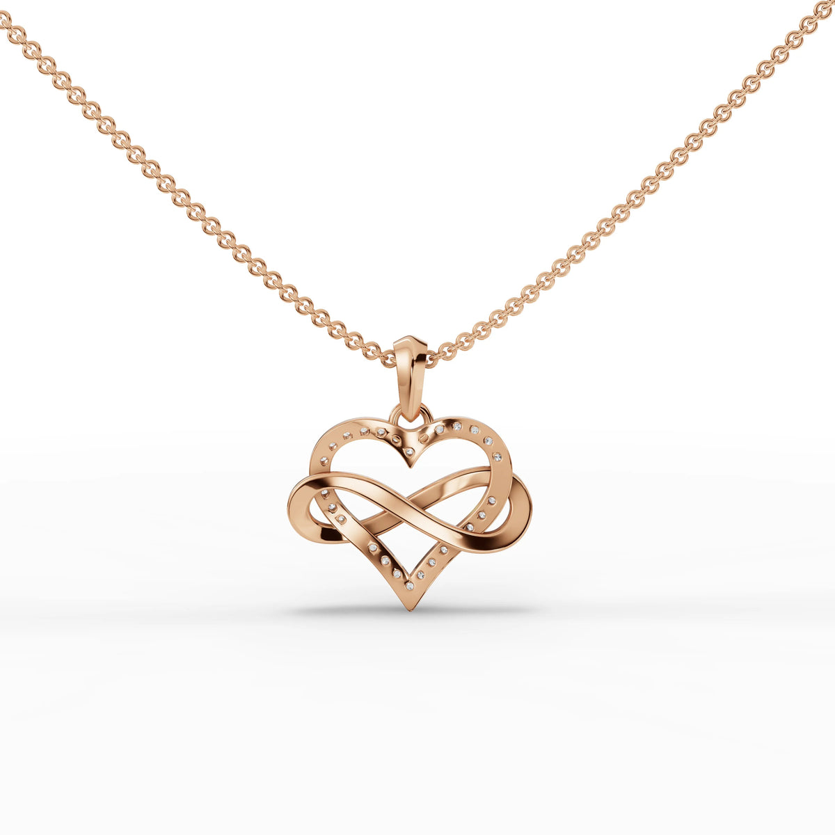 18k rose gold heart and infinity pendant featuring round pavé diamonds, showcasing a delicate and intertwined design.