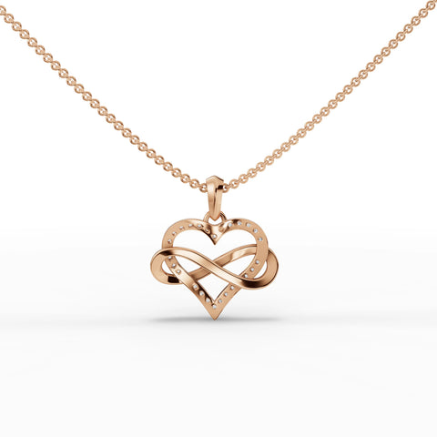 18k rose gold heart and infinity pendant featuring round pavé diamonds, showcasing a delicate and intertwined design.
