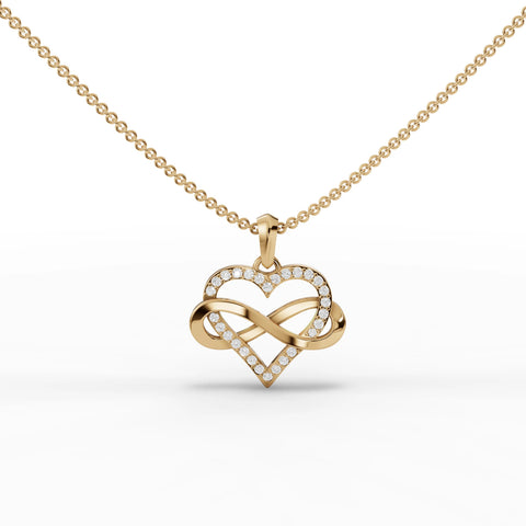 Delicate 0.28 Ct heart pendant in 18k gold, featuring an infinity loop adorned with round pavé diamonds.