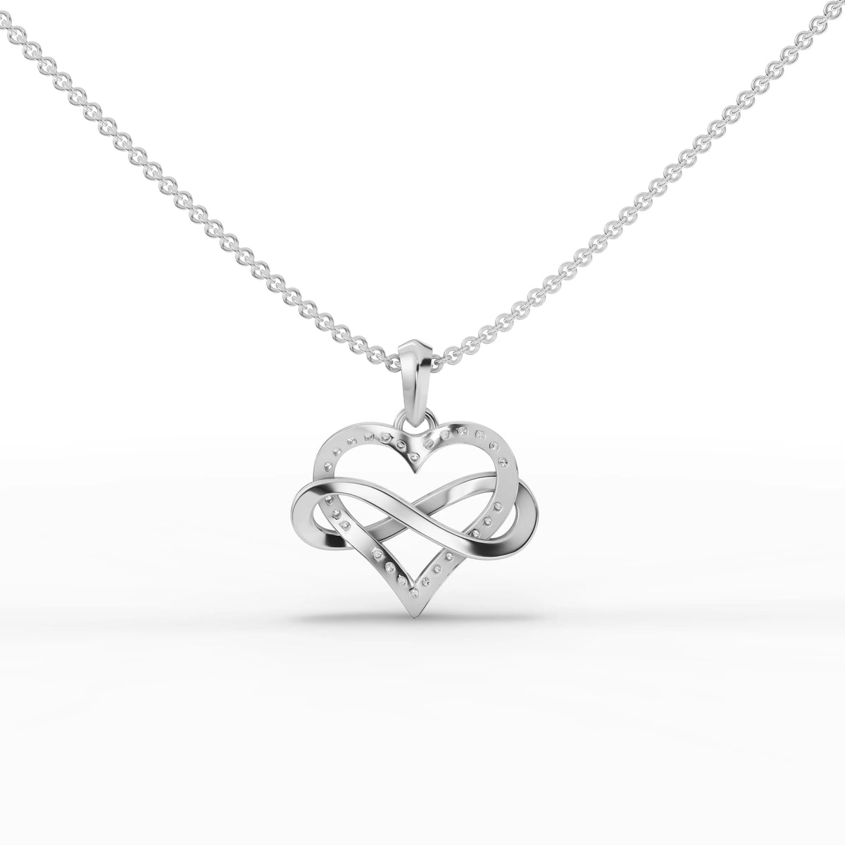 Heart-shaped lab diamond pendant with an infinity loop in 18k gold, adorned with round pavé diamonds.