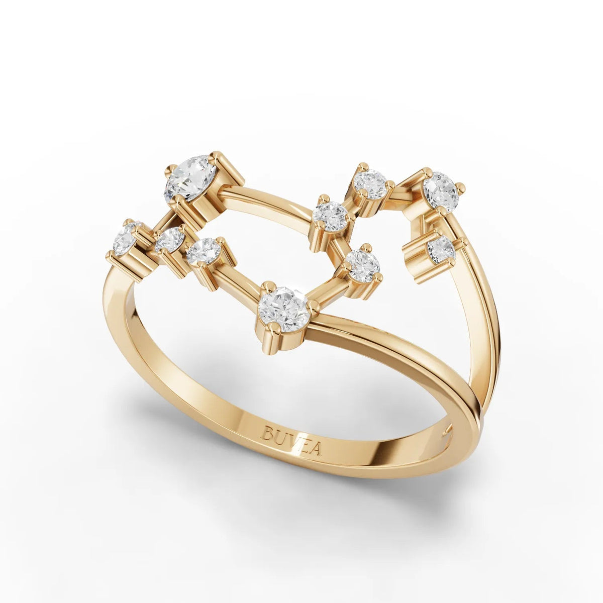 18K gold Leo lab diamond ring featuring a constellation design with round diamonds in prong settings.
