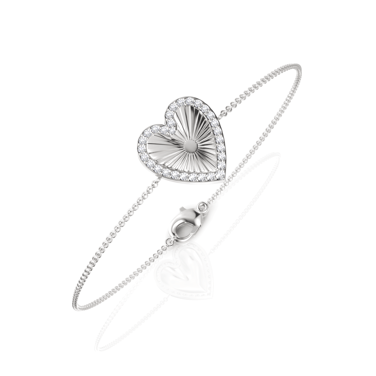 Heart-shaped centerpiece bracelet with round pavé-set lab diamonds, 18K gold chain, polished clasp for secure wear.