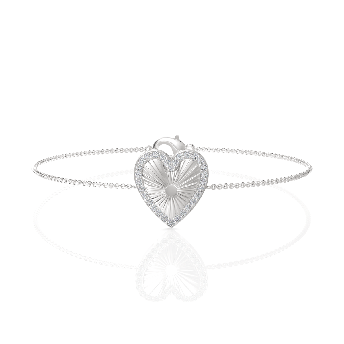 Heart-shaped centerpiece in polished 18K gold surrounded by round pavé lab diamonds on a delicate chain bracelet.