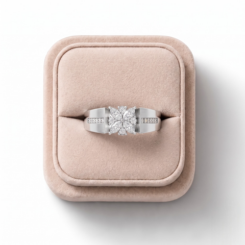 0.32 CT Marquise Lab Grown Diamond Floral Cluster Wide Band Ring, on a white background
