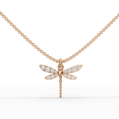 0.33 Ct dragonfly pendant in polished 18k gold, featuring round lab grown diamonds in a delicate, lightweight design.
