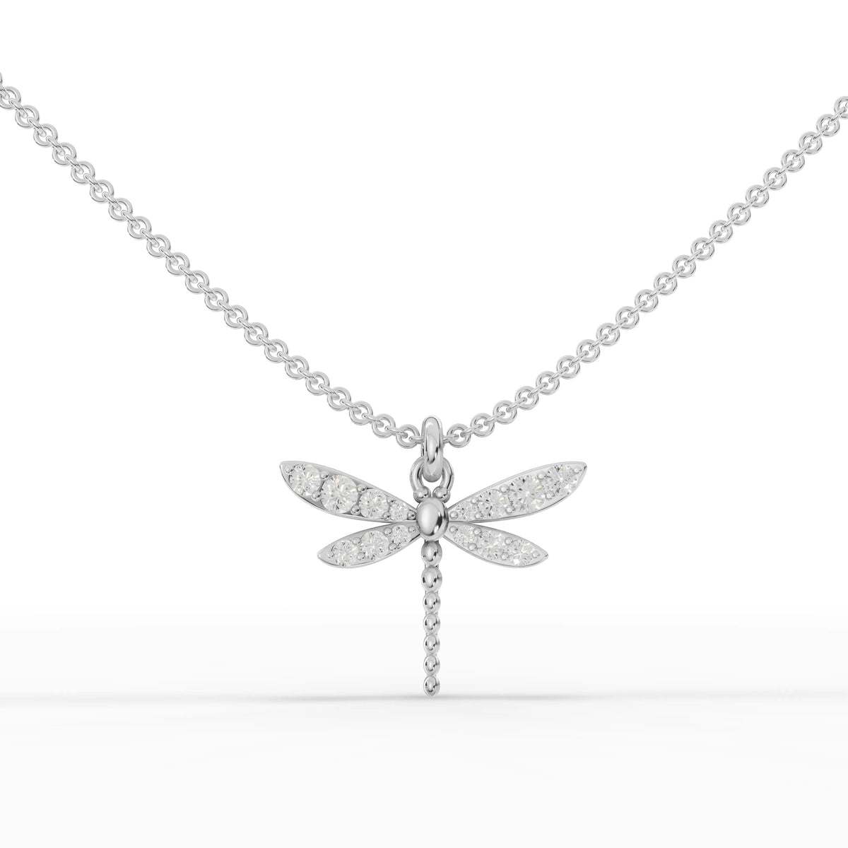 0.33 Ct dragonfly pendant features a delicate design in polished 18k gold, adorned with round lab grown diamonds.