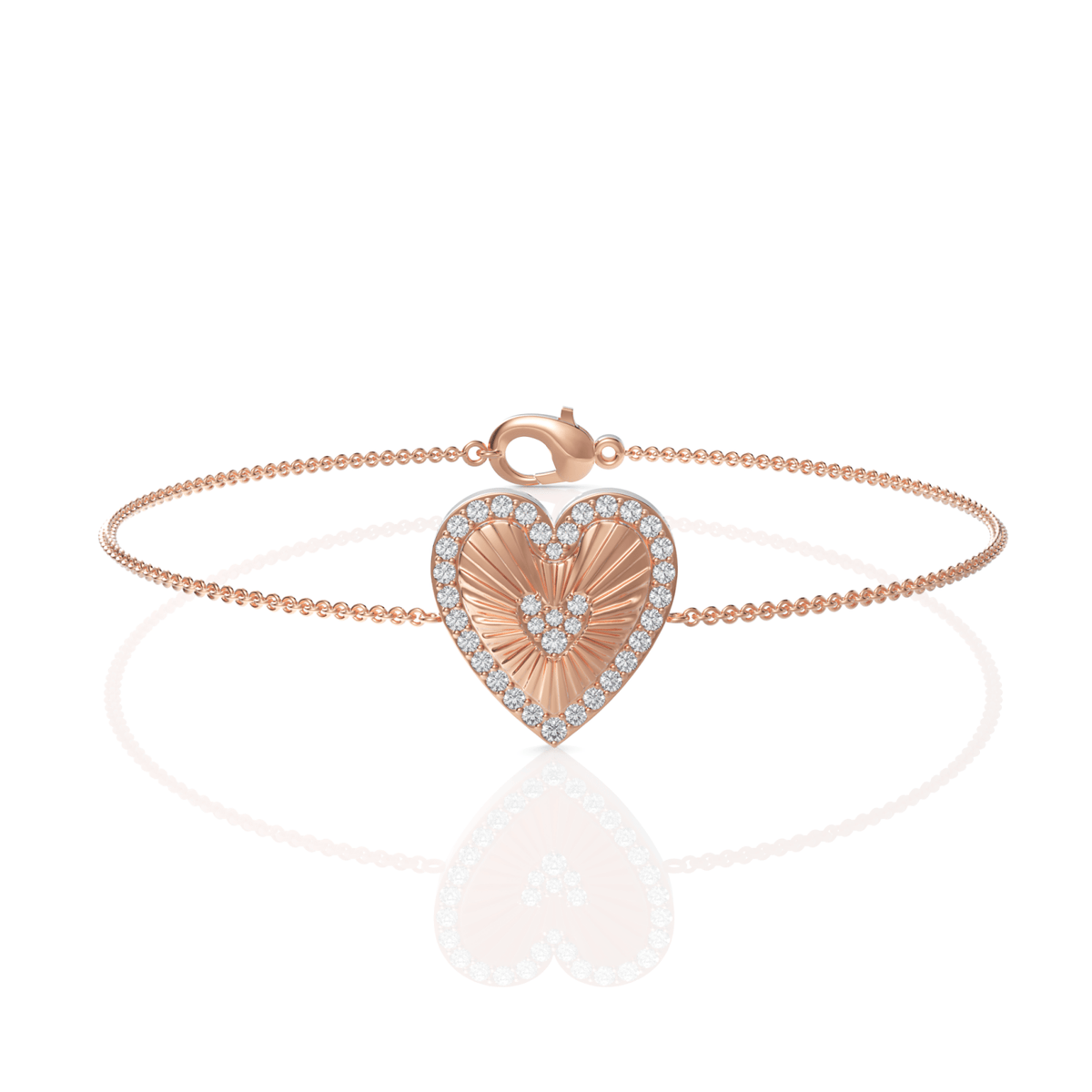 18K gold bracelet featuring a heart design, set with round lab-grown diamonds in a pavé halo, and a sunburst texture.