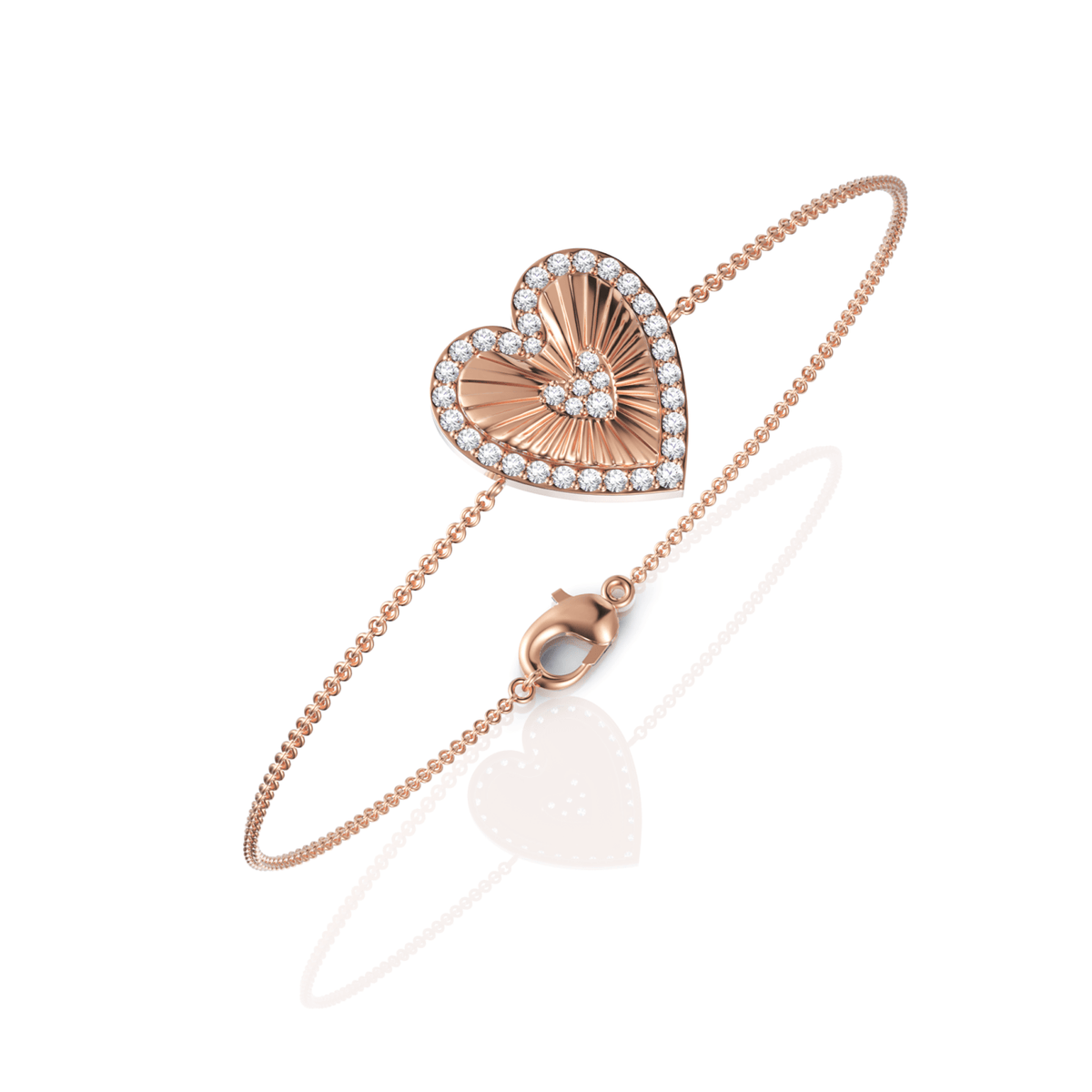 Pavé-set round lab-grown diamonds adorn a heart motif in this 0.34 Ct 18K gold bracelet, featuring a textured sunburst center.