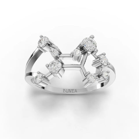 The 0.34 Ct Virgo Lab Diamond Ring features multiple round lab-grown diamonds set in 18K gold, arranged to depict the Virgo constellation.
