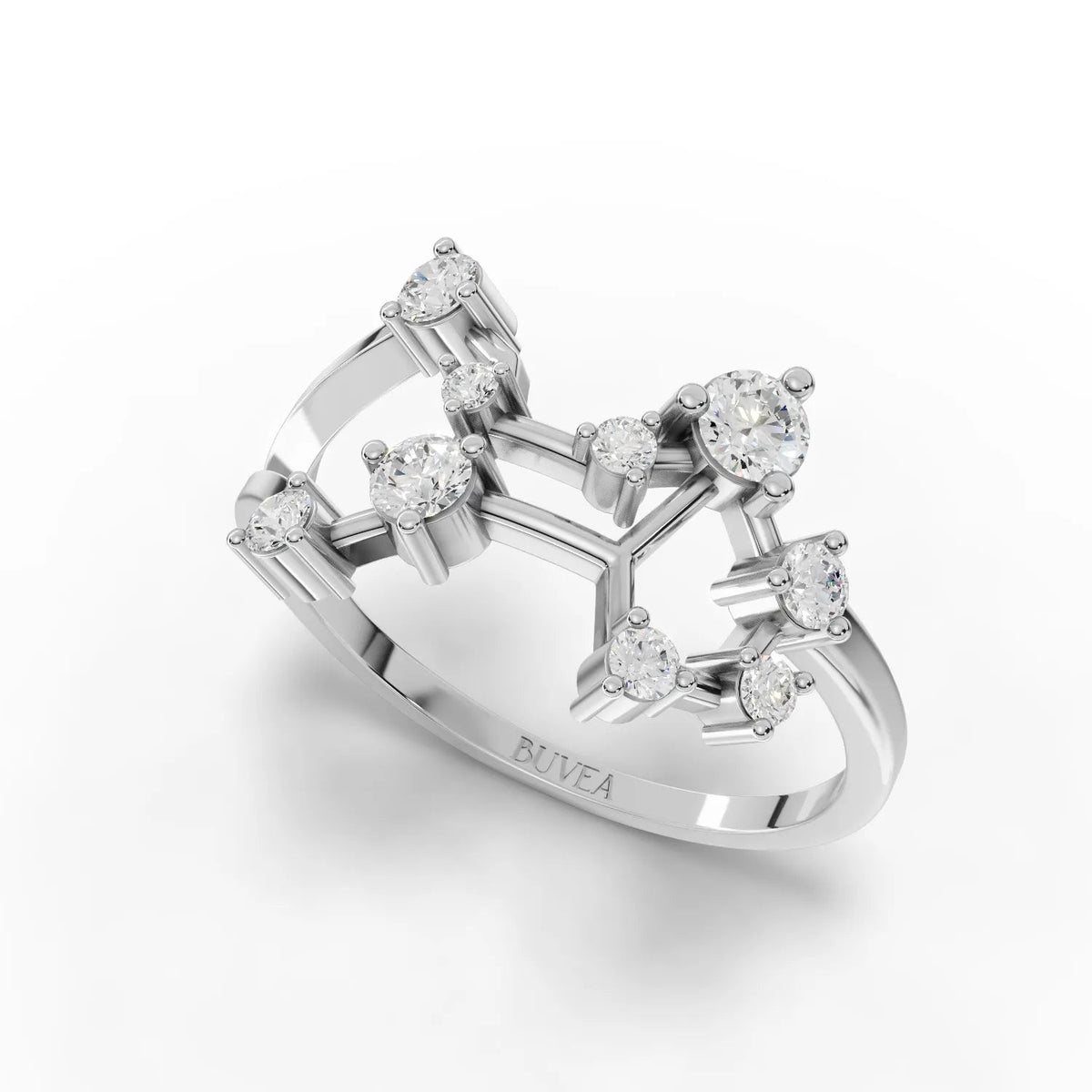 0.34 Ct Virgo Lab Diamond Ring in polished 18K gold features multiple round diamonds arranged in a constellation design.