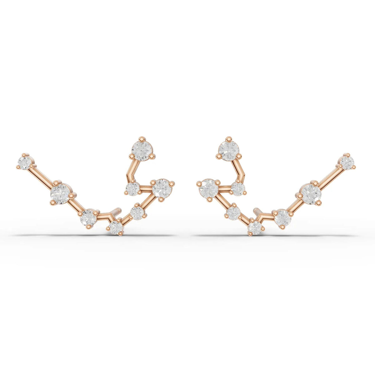 Aquarius lab diamond earrings in 18k gold, featuring round prong-set diamonds in a constellation pattern.