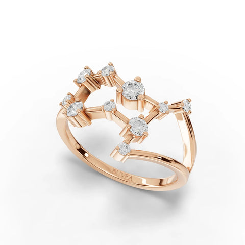 0.38 Ct Gemini lab diamond ring in rose gold, featuring multiple round diamonds in a constellation design with an open-band style.