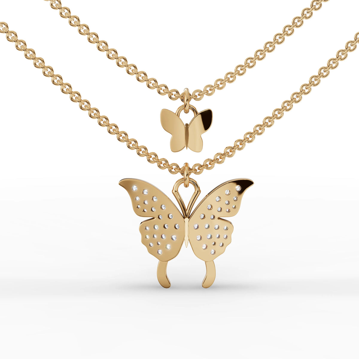 18k gold lab diamond pendant featuring a double butterfly design, with a larger lower butterfly and a smaller upper butterfly, adorned with round brilliant diamonds.