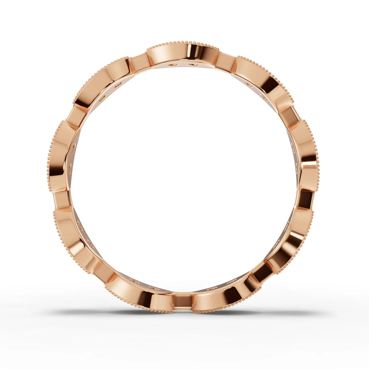 Round cut lab-grown wedding band rose gold close-up
