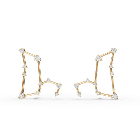 Sleek 18K gold earrings depicting the Leo constellation, featuring round lab-grown diamonds arranged in angular formations.