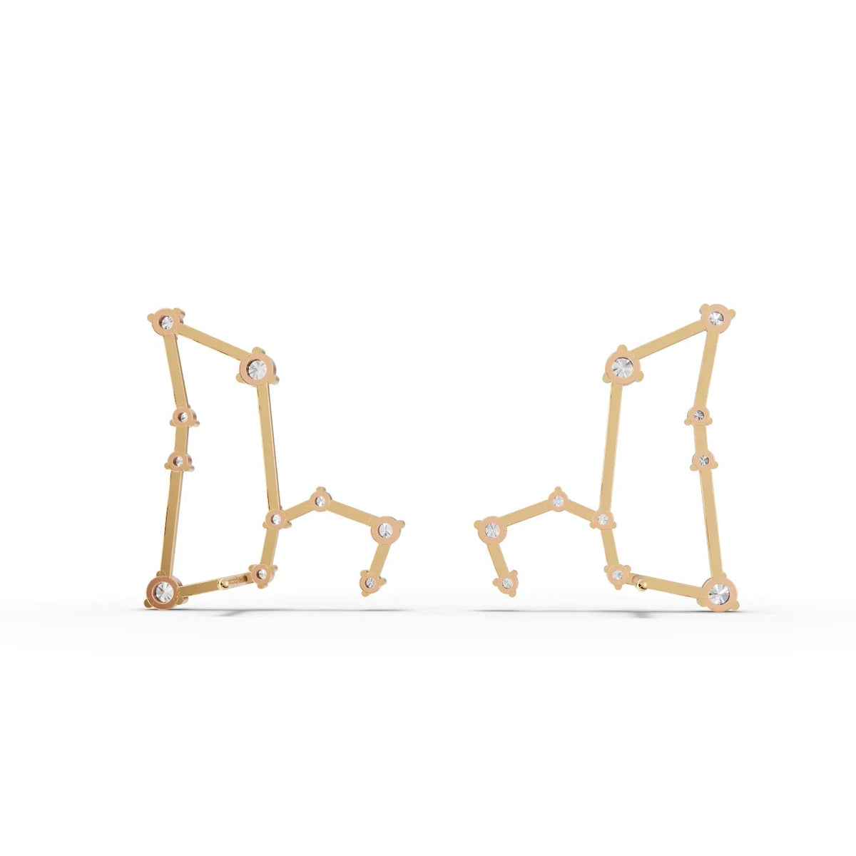 Geometric 18K gold earrings featuring round lab-grown diamonds arranged in a Leo constellation design.