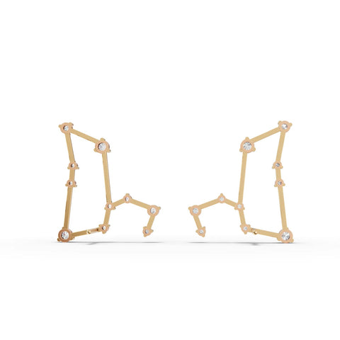 Geometric 18K gold earrings featuring round lab-grown diamonds arranged in a Leo constellation design.