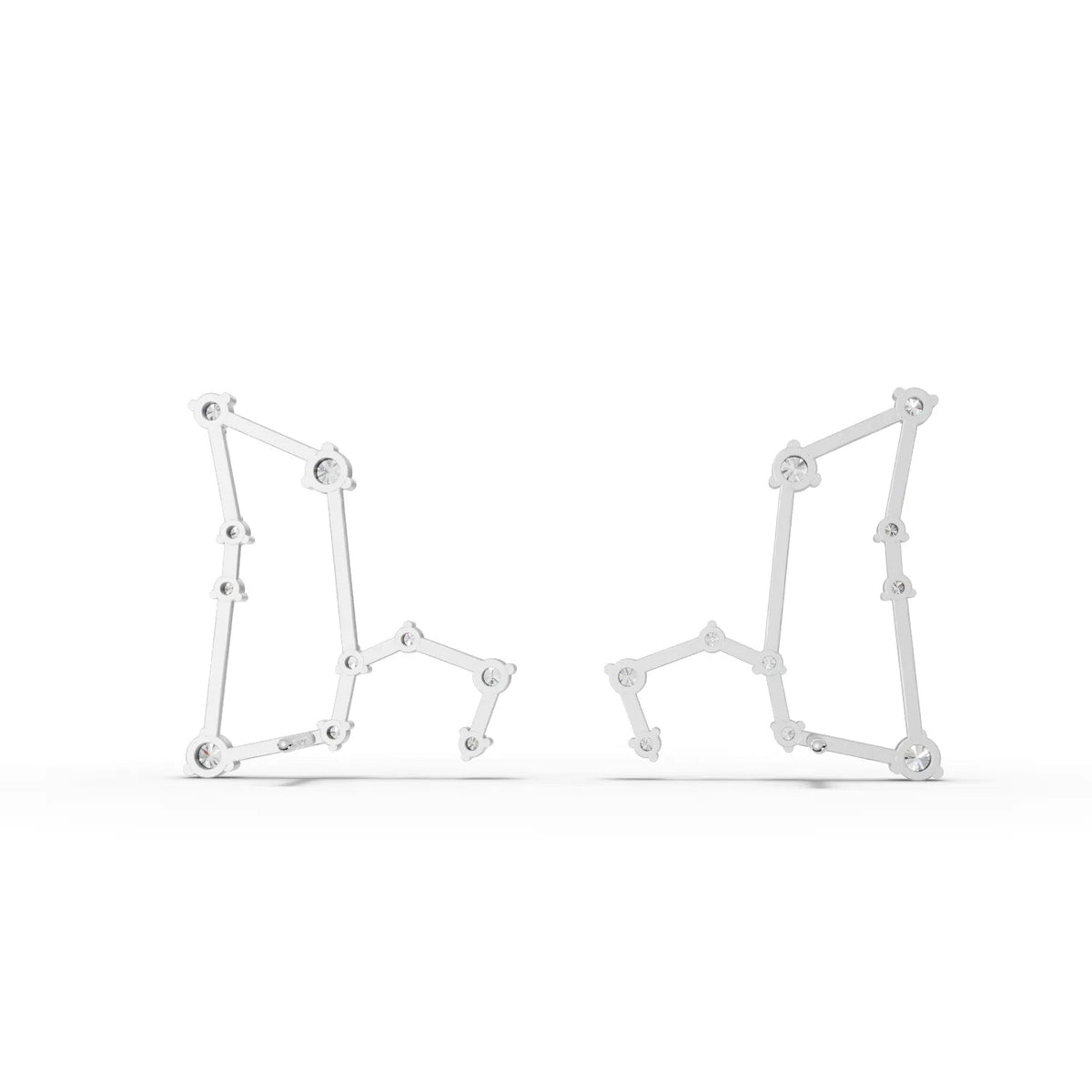 Leo constellation earrings featuring round lab-grown diamonds set in geometric 18K gold, arranged for a structured design.