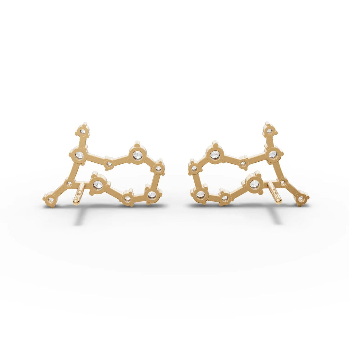 Gemini constellation earrings in 18K gold, featuring round lab-grown diamonds arranged in a geometric pattern.