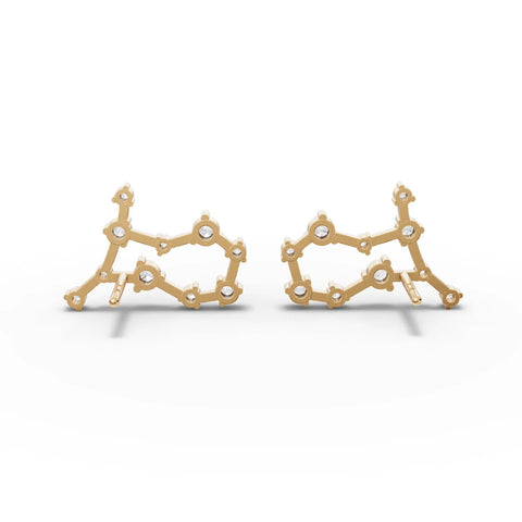 Gemini constellation earrings in 18K gold, featuring round lab-grown diamonds arranged in a geometric pattern.
