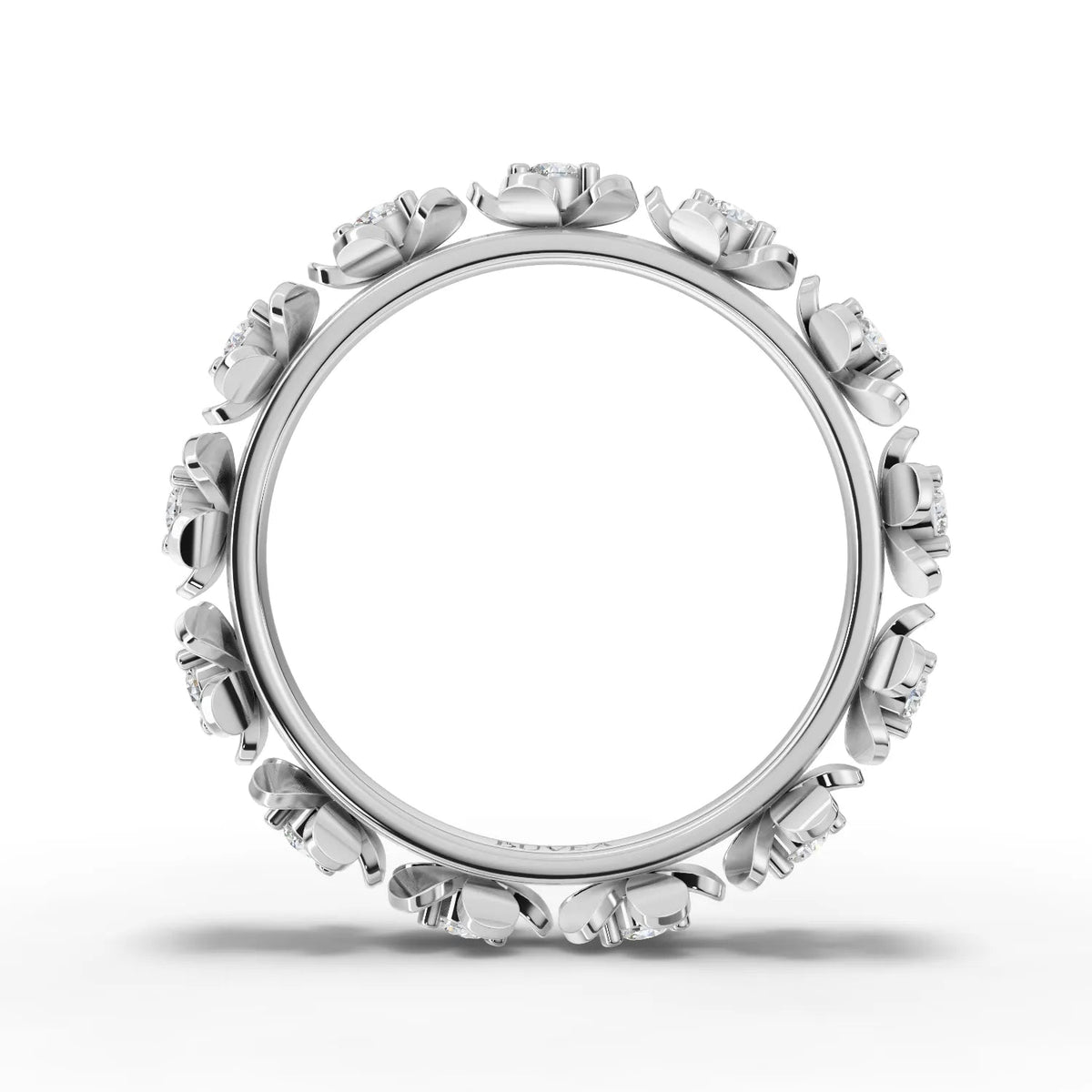 Floral eternity ring in 18K gold, featuring round lab grown diamonds set in a delicate, nature-inspired design.