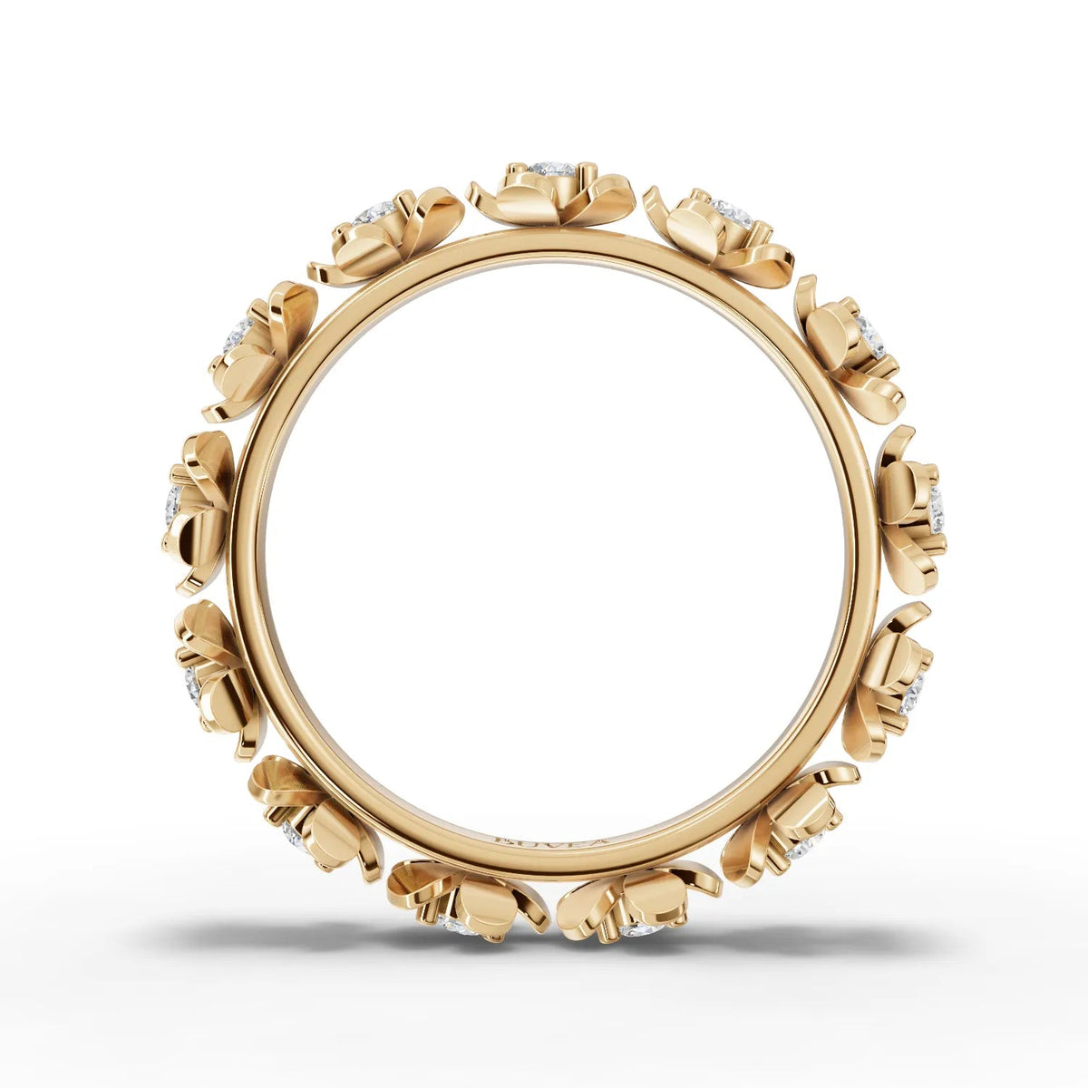 Floral eternity ring in 18K gold featuring round lab-grown diamonds set in a continuous design with elegant petals.