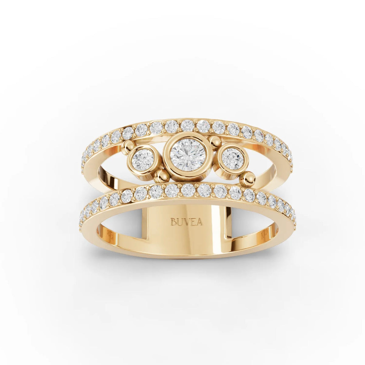 Dual-band bezel diamond ring yellow gold top view