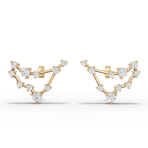 Lab grown diamond earrings featuring a Capricorn constellation design, crafted in 18K gold with round diamonds and screw backs.