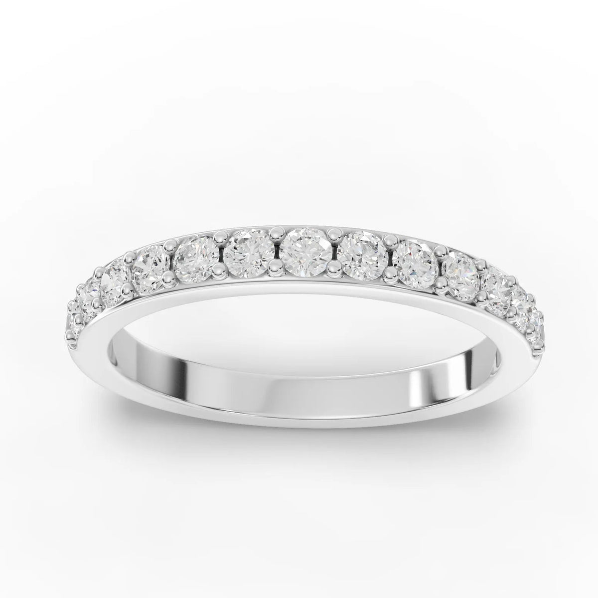 0.46 CT round lab-grown diamond half eternity wedding ring with round brilliant diamonds across the top of the band