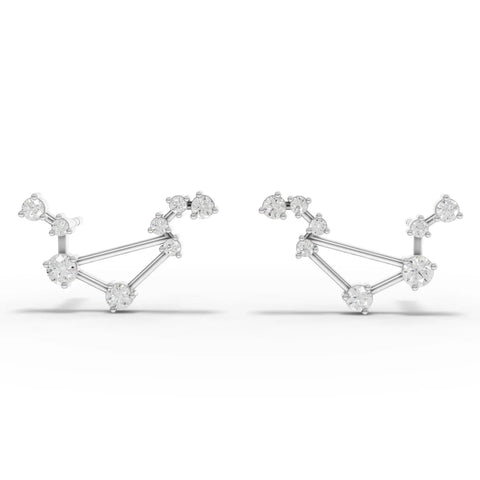 Lab grown diamond earrings featuring a Libra constellation design, crafted in 18K gold, showcasing round stones in a symmetrical layout.