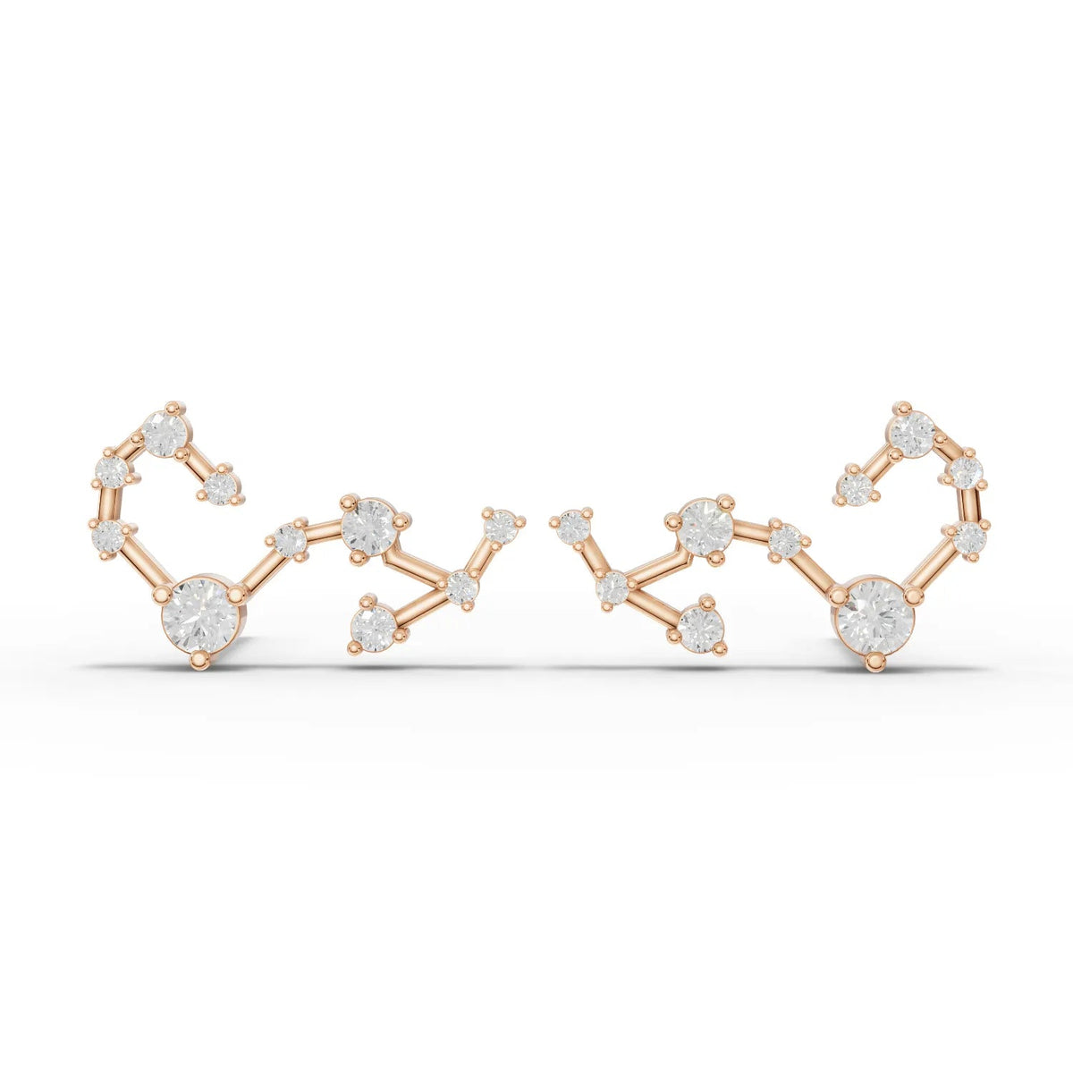 18K gold Scorpio constellation earrings adorned with round lab-grown diamonds in a linear design, showcasing sparkling geometry.