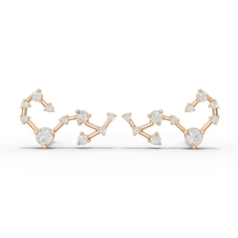 18K gold Scorpio constellation earrings adorned with round lab-grown diamonds in a linear design, showcasing sparkling geometry.