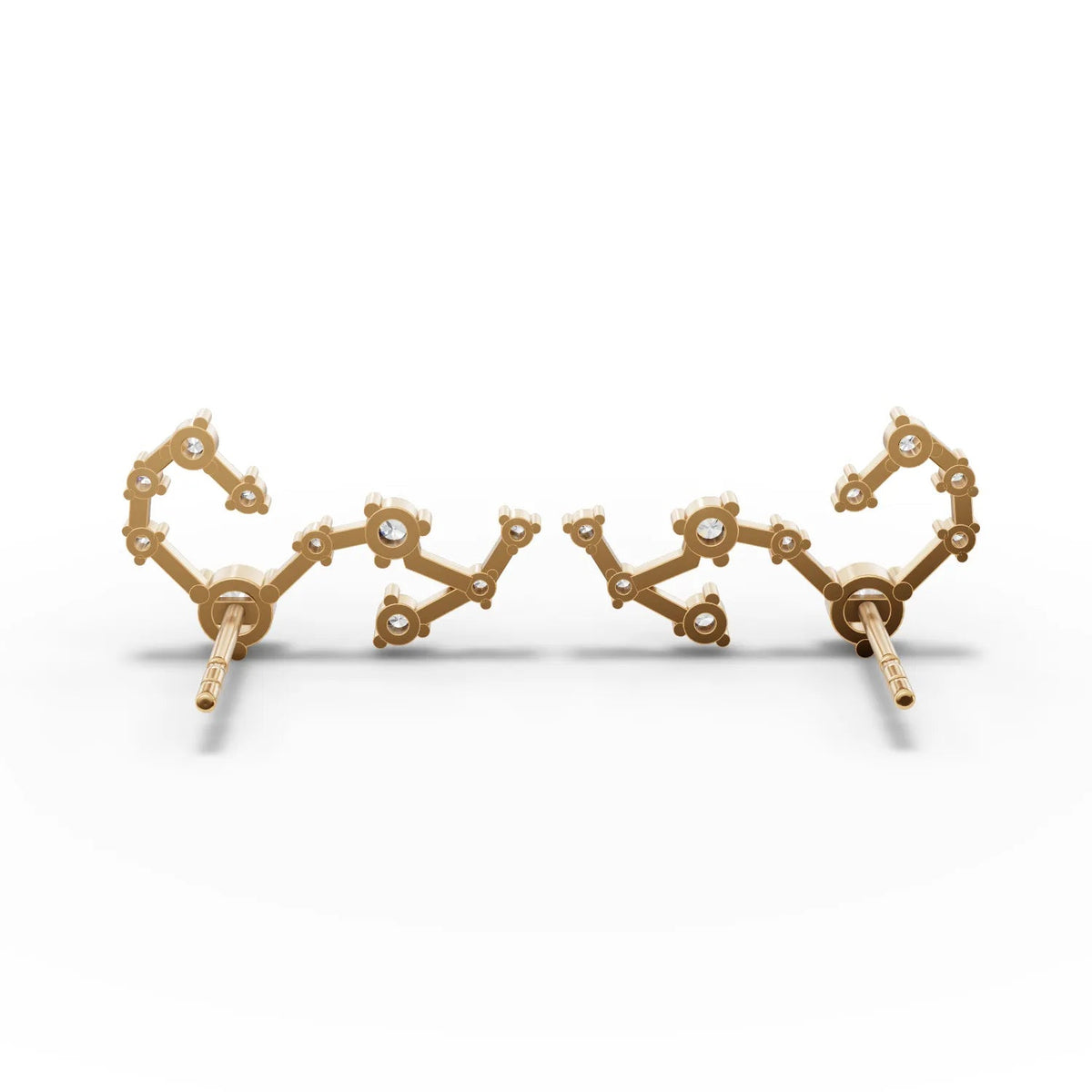 18K gold Scorpio constellation earrings featuring round lab-grown diamonds in a dynamic angular design.