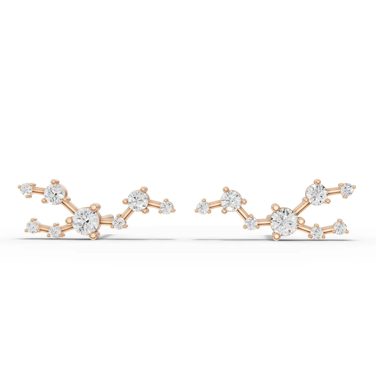 0.47 Ct Taurus lab diamond earrings in 18K gold feature round diamonds arranged in a constellation design with gold bar connectors.