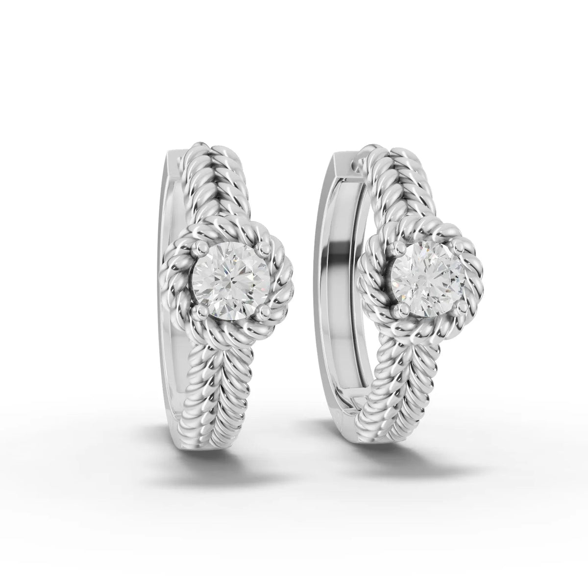 0.48 ct round lab grown diamond rope huggie earrings with twisted textured bands and central round diamonds