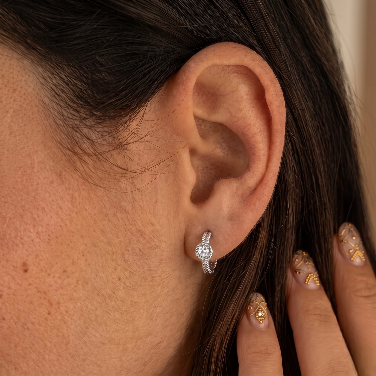 0.48 CT Round Lab Grown Diamond Rope Huggie Earrings, worn on the ear 2